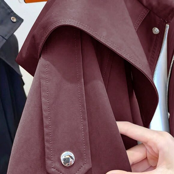 Burgundy Casual Women's Drawstring Pocket Front Button Trench Coat - Picture 5 of 5